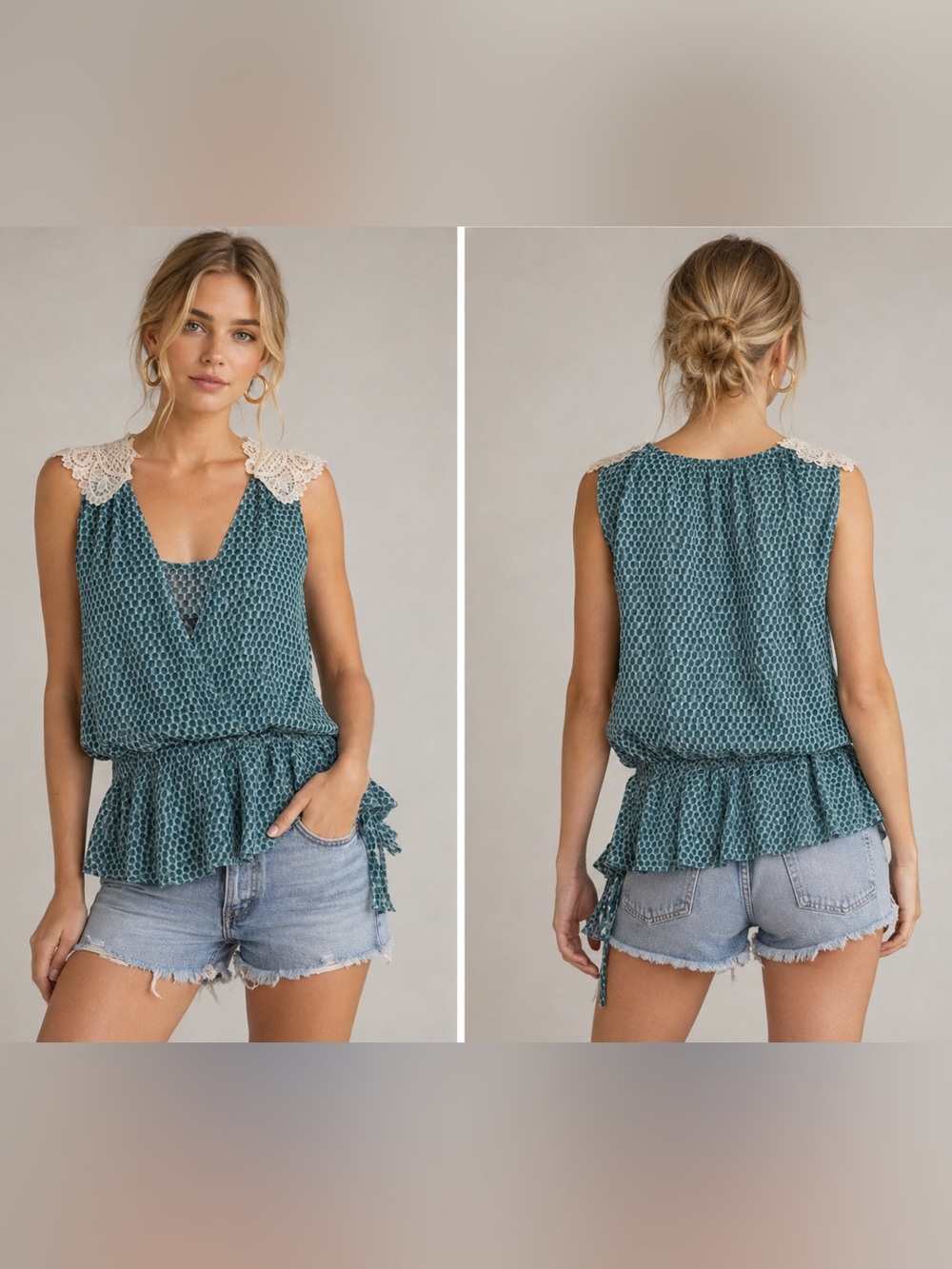 Calypso St Barth Silk Lace Shoulder Top Teal Dot Print Tassel Peplum Blouse Med